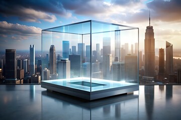 Floating transparent glass podium with a cityscape backdrop for sleek, modern product showcase