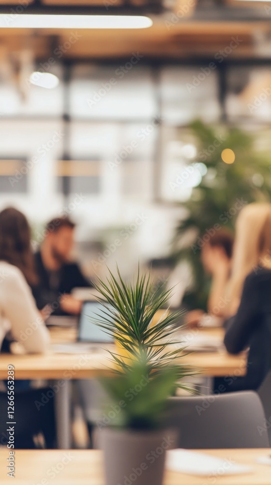 Poster group of professionals engaged in a collaborative meeting in a modern office setting with greenery i