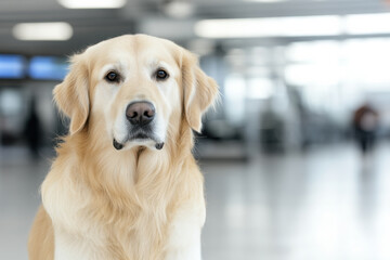 A dog is sitting in a room with a person walking by