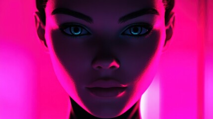 Obraz premium A close-up portrait of a stylized female figure with striking features illuminated by vibrant pink and purple lighting, creating a futuristic ambiance