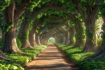 A long path lined with trees and bushes