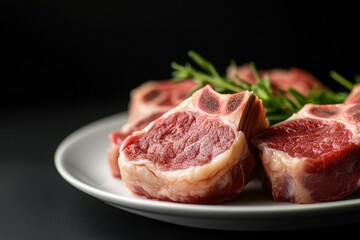 Obraz premium A close-up shot of raw lamb chops arranged on a clean white plate, surrounded by delicate herbs and set against a stark black background. 