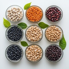 Fototapeta premium A high-resolution photo of various beans and legumes, including black lentils, white beans, chickpeas, peas, and mung beans, arranged in clear glass bowls with fresh green leaves placed beside them