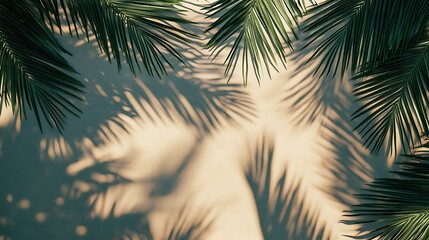 Tropical palm leaves on sandy beach with shadows. Summer background