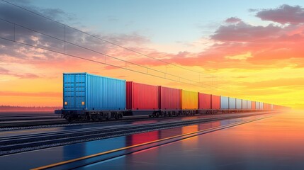 Fototapeta premium Colorful freight train traveling along tracks at sunset with vibrant sky and reflections