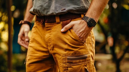 Stylish Man Wearing Mustard Cargo Pants Outdoors