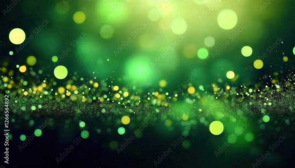 Poster glowing green bokeh background with soft light and yellow accents, abstract sparkles and blurred spo
