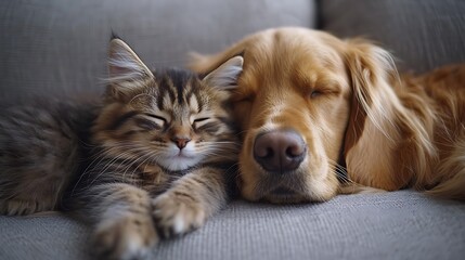Cozy cat and dog napping on sofa, home interior