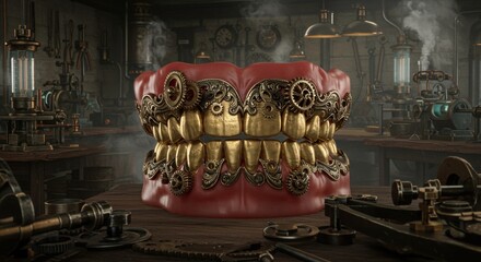A steampunk-inspired set of decorative gold teeth displayed in a workshop with vintage machinery and smoke