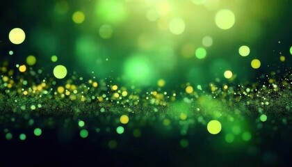 Obraz premium glowing green bokeh background with soft light and yellow accents, abstract sparkles and blurred spots