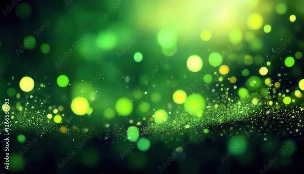 Poster glowing green bokeh background with soft light and yellow accents, abstract sparkles and blurred spo