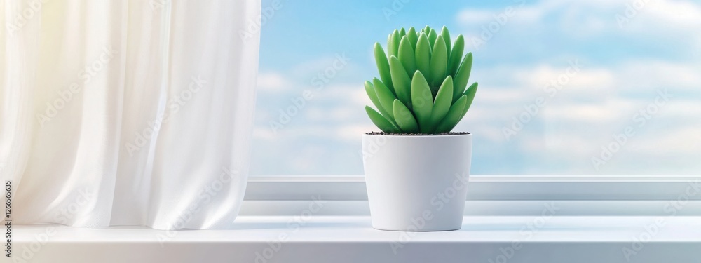 Poster hyper realistic photograph of a modern minimalist windowsill with a single green cactus in a white c