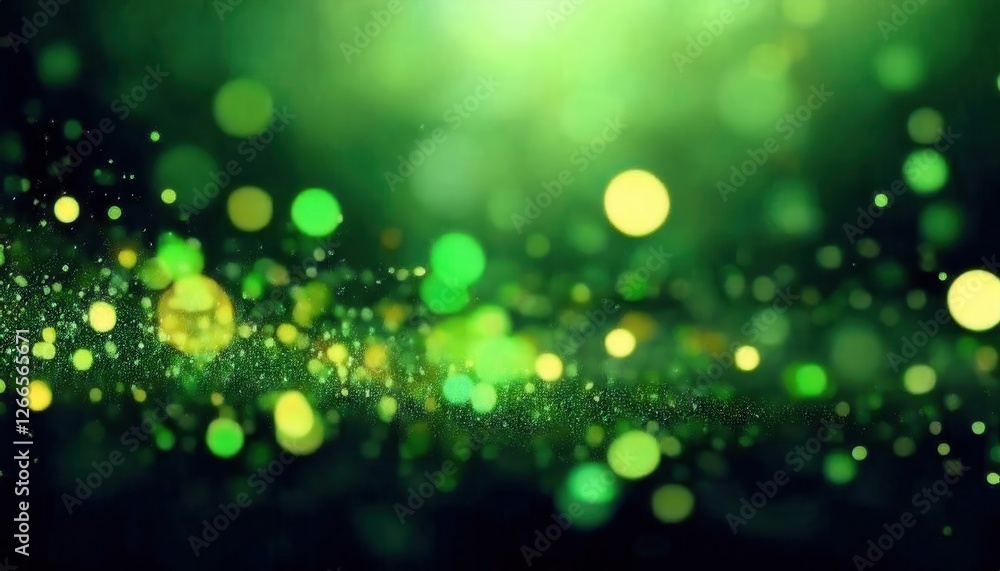 Poster glowing green bokeh background with soft light and yellow accents, abstract sparkles and blurred spo