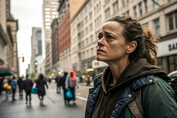 Fototapeta premium Woman Gazing Upward In A City During Daylight Hours And Busy Street Scene. A
