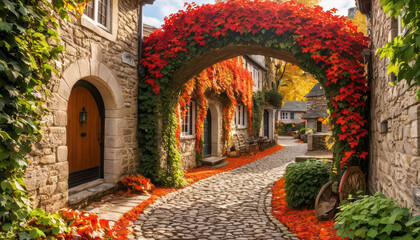 Fototapeta premium Charming Cobblestone Path Adorned With Vibrant Autumn Leaves in a Historic Village
