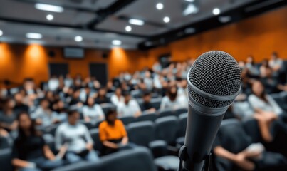 Close-up of a microphone with a blurred audience in the background, using a white and grey color palette. 