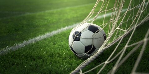 A Soccer Ball Inside A Goal Net On A Grassy Field For Sports Games. Images Of