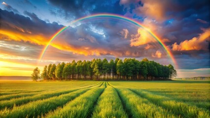Naklejka premium Serene Sunset Landscape Featuring a Vibrant Rainbow Arcing Over Lush Green Field and a Line of Trees