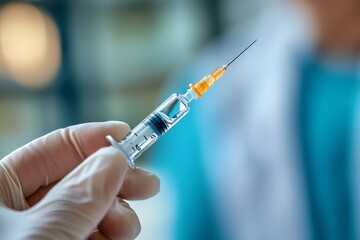 A close-up of a hand holding a syringe and vaccine vial,