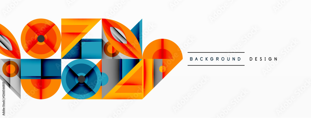 Poster geometric abstract composition with intersecting shapes, circles, triangles, and gradients, blending