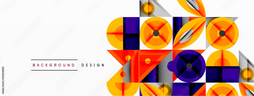 Poster Geometric abstract composition with intersecting shapes, circles, triangles, and gradients, blending vibrant colors and dynamic contrasts to create a modern, futuristic visual design