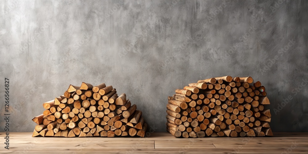 Aufkleber two stacks of neatly arranged firewood logs rest on a rustic wooden floor against a textured concret