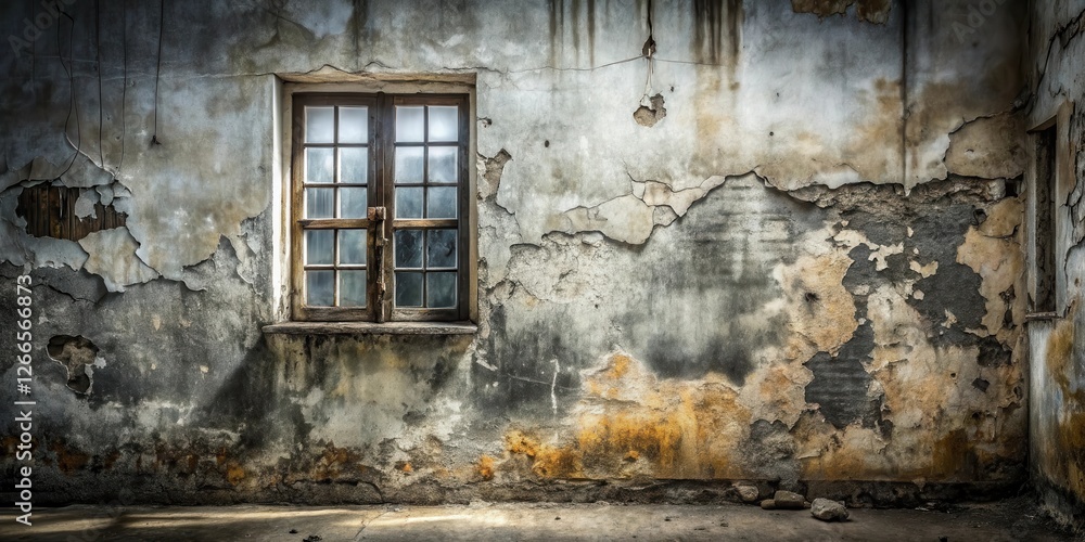 Aufkleber a weathered window in a dilapidated room with peeling plaster walls and a darkened floor