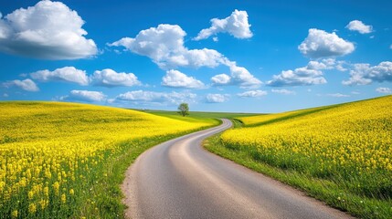 Winding road through yellow rapeseed fields, sunny day, blue sky. Use travel, nature