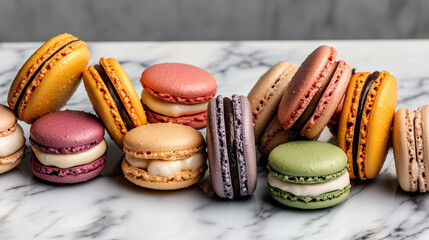 Colorful macaron assortment with creamy filling on marble