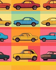 Naklejka premium illustration retro vintage style cars seamless pattern A vibrant illustration of classic cars in various colors and styles, showcasing retro automotive design.