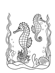 black and white animal coloring book Seahorses