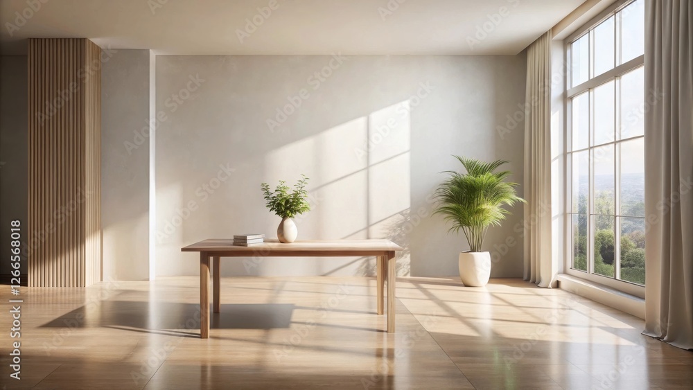 Poster sunlit minimalist room with wooden table and greenery