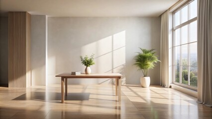 Sunlit Minimalist Room with Wooden Table and Greenery