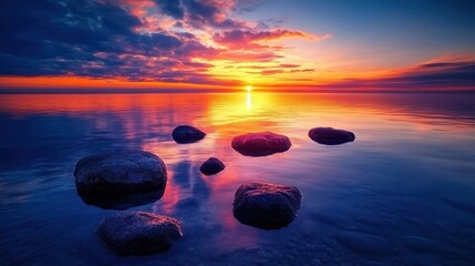 A serene sunset over calm waters with rocks, creating a tranquil landscape.