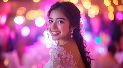 Indonesian woman in a gown with embroidery smiling at evening celebration festive birthday valentine