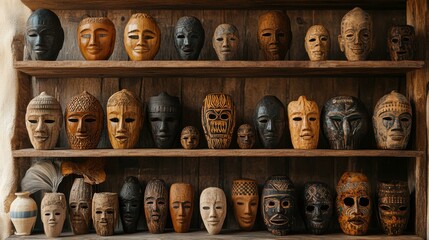 Fototapeta premium A collection of diverse, intricately designed masks displayed on a wooden shelf, showcasing various cultural artistic styles.