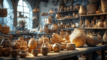 Fototapeta premium An artisan workshop filled with a variety of handcrafted pottery and woven baskets, showcasing intricate designs and warm lighting.