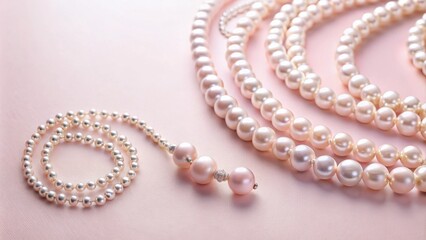Elegant pearl necklaces and bracelet on a pink background, showcasing lustrous gems and delicate craftsmanship.