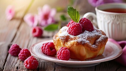 Beautifully Baked and Brightly Plated Raspberry Popover Illustration for National Raspberry Popover Day