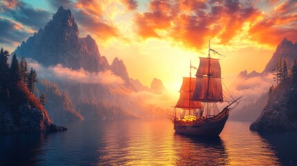 Fototapeta premium A pirate galleon gliding into a hidden cove, golden treasure gleaming on the deck as jagged cliffs rise against the dawn sky
