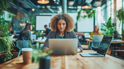 Modern co-working space with young professionals working on laptops.