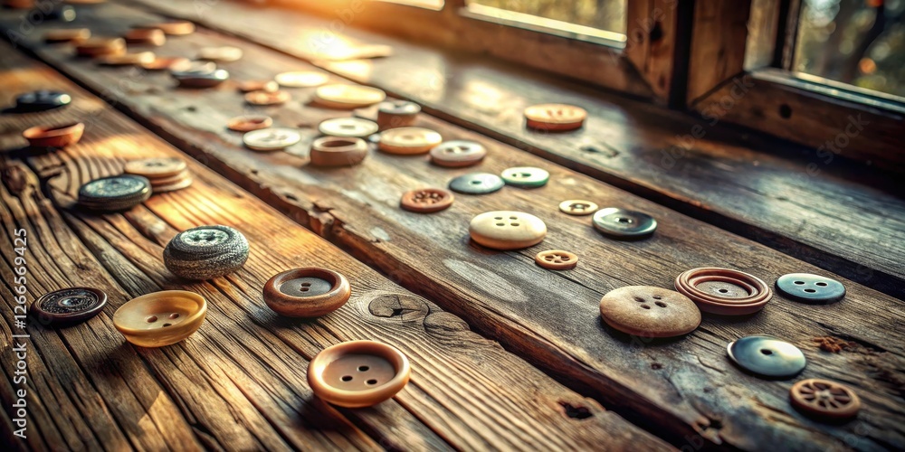 Aufkleber Rustic Wooden Surface Displaying an Assortment of Various Buttons in Natural Light