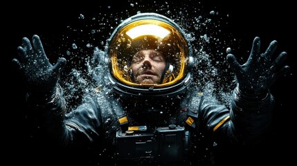 Astronaut submerged in water, arms outstretched, surrounded by bubbles; dramatic space exploration concept