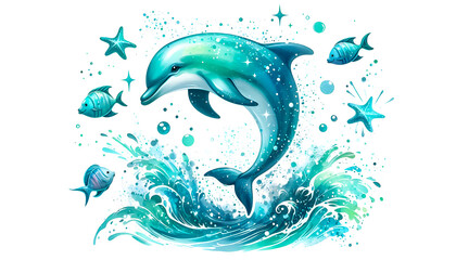 Fototapeta premium A playful dolphin jumping out of the water, surrounded by splashes, sparkles, and a few small fish. Watercolor clipart illustration isolated on a white background