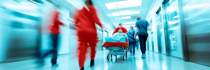 A medical team rushing a patient on a stretcher through a hospital hallway,