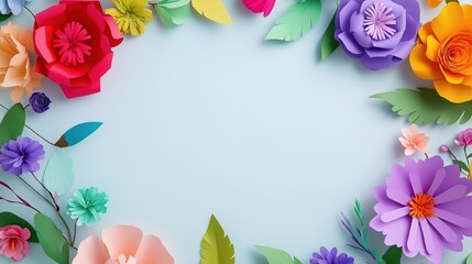 colorful paper flower wreath on white background with copy space for text