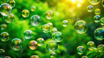 Abstract green bokeh bubbles, a dreamy nature-inspired wallpaper, capturing candid bubble photography.