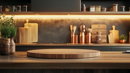 Circular wooden podium on a cozy kitchen