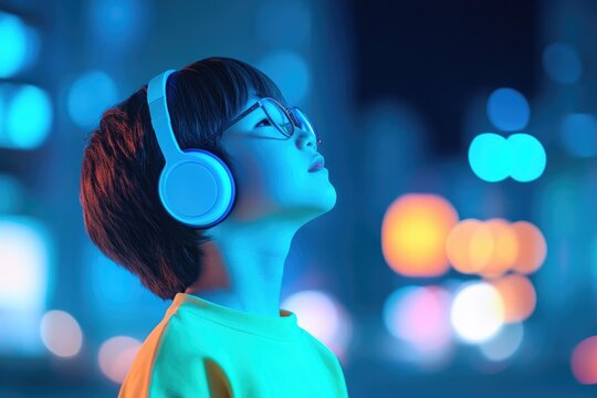 boy enjoys tranquility while wearing headphones against vibrant