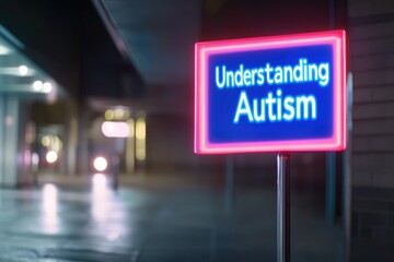 Illuminated sign promoting understanding of autism in vibrant, u
